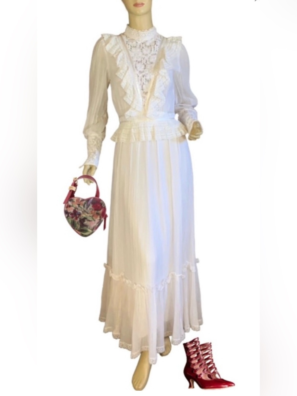 VINTAGE 1970'S GUNNE SAX OFF WHITE LACE AND RUFFLE EDWARDIAN MAXI DRESS (S)